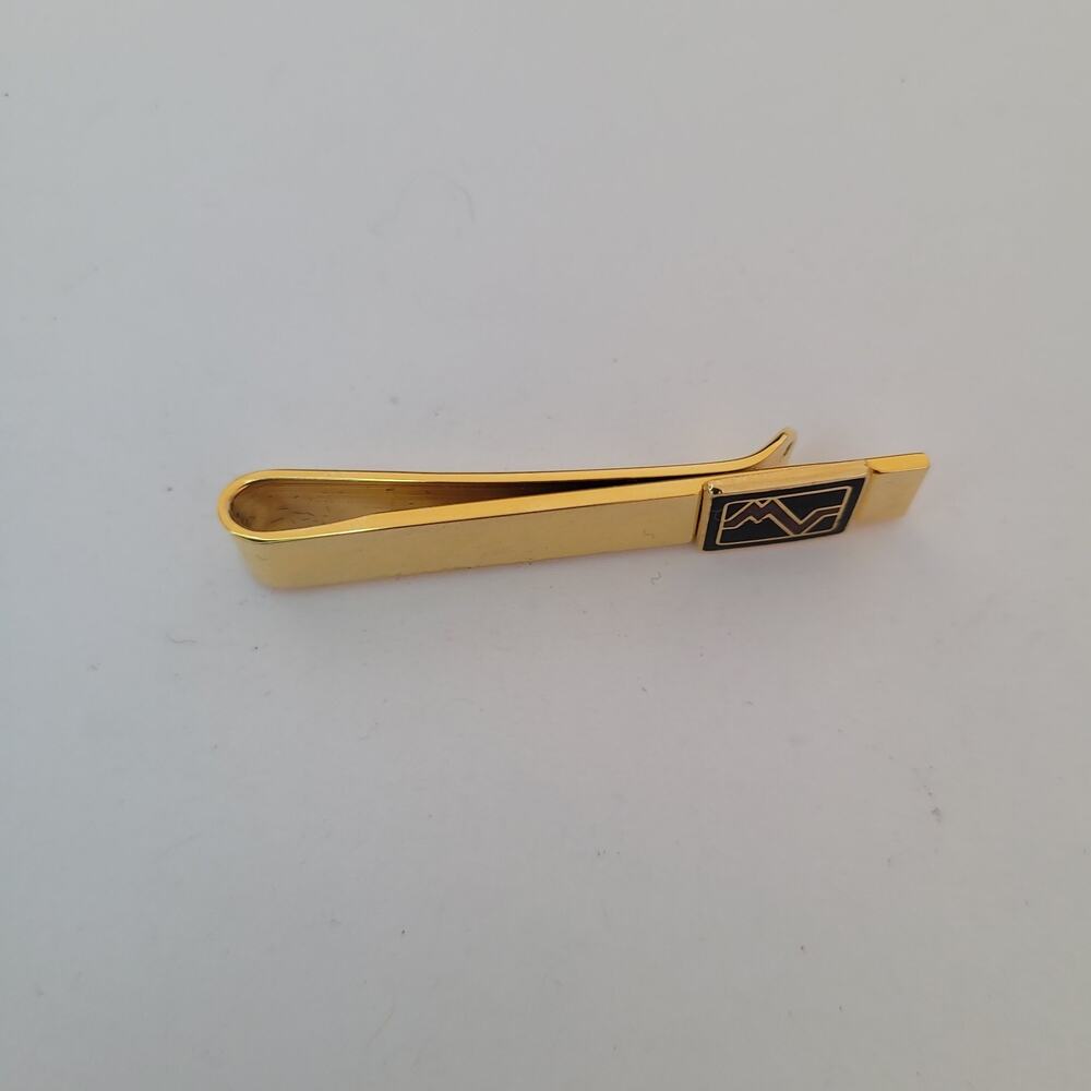 Mario Valentino MV USA Vintage Tack Tie Clasp Clip Bar Gold Black Retro Logo - Picture 4 of 6